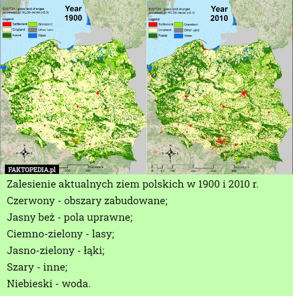 Zalesienie aktualnych ziem polskich w 1900 i 2010 r.
Czerwony - obszary zabudowane;
Jasny beż - pola uprawne;
Ciemno-zielony - lasy;
Jasno-zielony - łąki;
Szary - inne;
Niebieski - woda. 