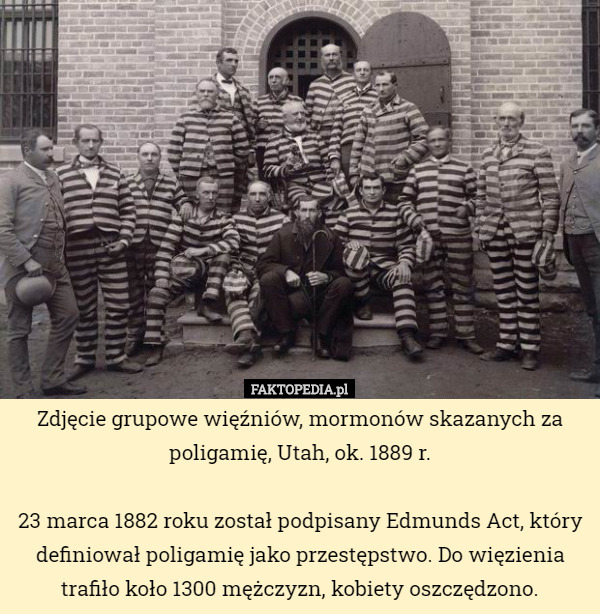 Zdjęcie grupowe więźniów, mormonów skazanych za poligamię, Utah, ok. 1889 r.

23 marca 1882 roku został podpisany Edmunds Act, który definiował poligamię jako przestępstwo. Do więzienia trafiło koło 1300 mężczyzn, kobiety oszczędzono. 