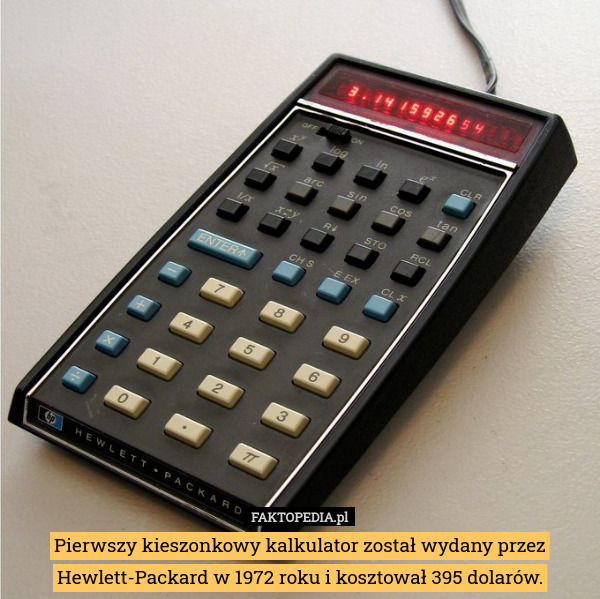 Pierwszy kieszonkowy kalkulator został wydany przez Hewlett-Packard w 1972 roku i kosztował 395 dolarów. 
