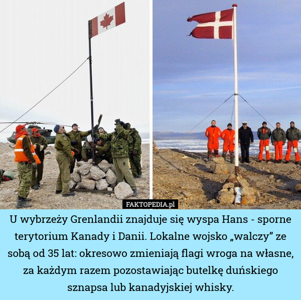 U wybrzeży Grenlandii znajduje się wyspa Hans - sporne terytorium Kanady i Danii. Lokalne wojsko „walczy” ze sobą od 35 lat: okresowo zmieniają flagi wroga na własne, za każdym razem pozostawiając butelkę duńskiego sznapsa lub kanadyjskiej whisky. 