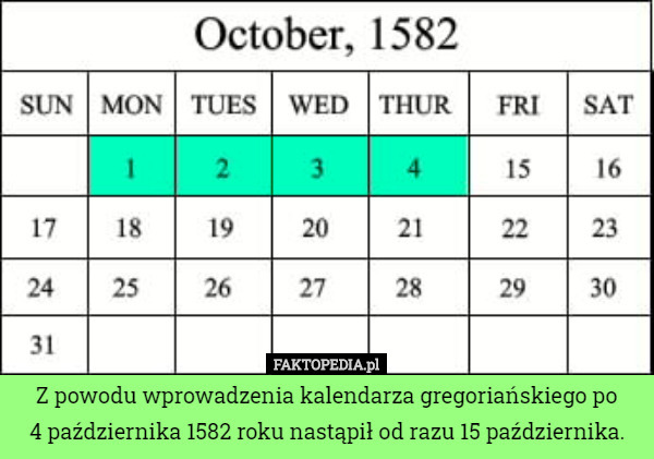 Z powodu wprowadzenia kalendarza gregoriańskiego po
4 października 1582 roku nastąpił od razu 15 października. 