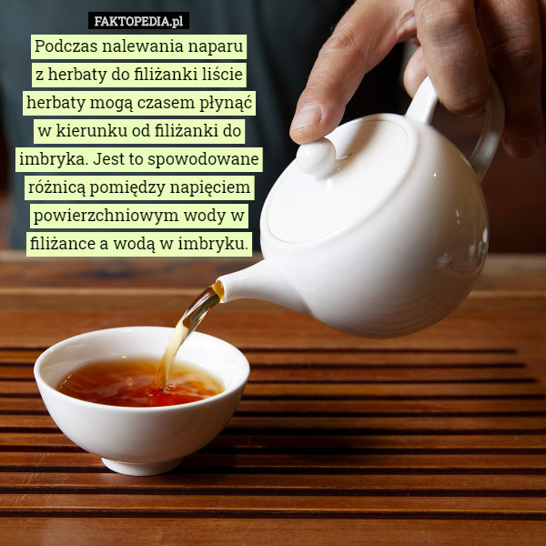 Podczas nalewania naparu
z herbaty do filiżanki liście herbaty mogą czasem płynąć
w kierunku od filiżanki do imbryka. Jest to spowodowane różnicą pomiędzy napięciem powierzchniowym wody w filiżance a wodą w imbryku. 