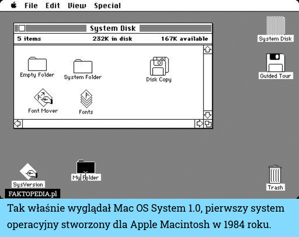 Tak właśnie wyglądał Mac OS System 1.0, pierwszy system operacyjny stworzony dla Apple Macintosh w 1984 roku. 
