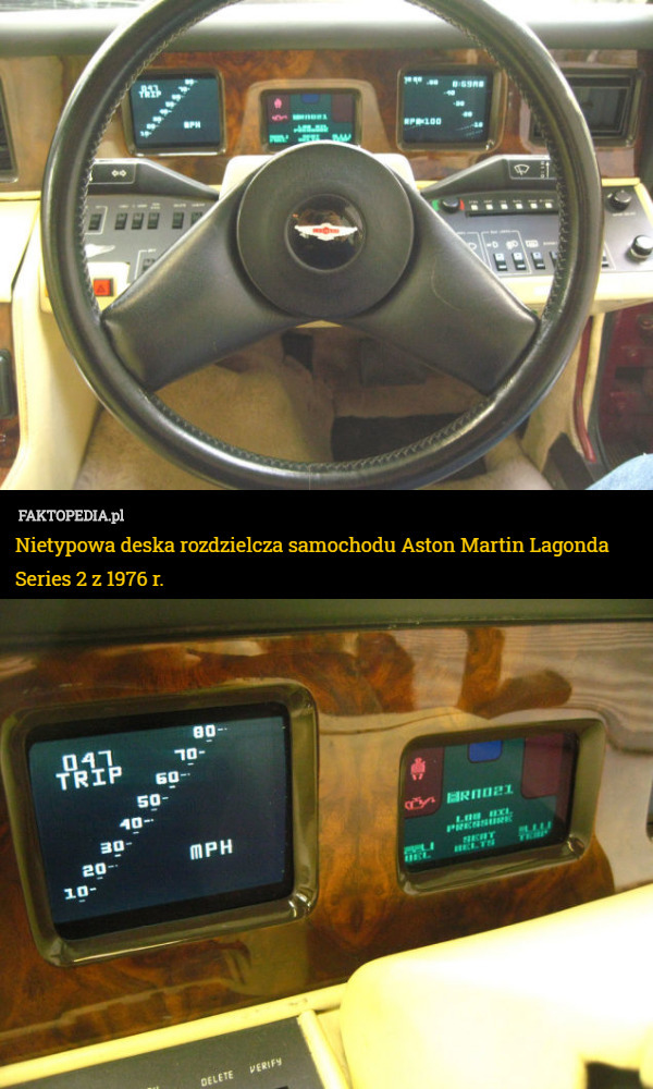 Nietypowa deska rozdzielcza samochodu Aston Martin Lagonda Series 2 z 1976 r. 