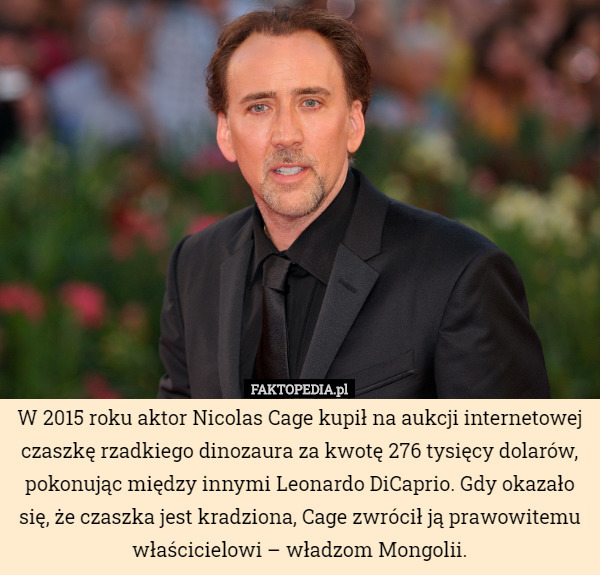 W 2015 roku aktor Nicolas Cage kupił na aukcji internetowej czaszkę rzadkiego dinozaura za kwotę 276 tysięcy dolarów, pokonując między innymi Leonardo DiCaprio. Gdy okazało się, że czaszka jest kradziona, Cage zwrócił ją prawowitemu właścicielowi – władzom Mongolii. 