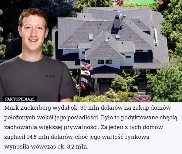 Mark Zuckerberg wydał ok. 30 mln dolarów na zakup domów położonych wokół jego posiadłości. Było to podyktowane chęcią zachowania większej prywatności. Za jeden z tych domów zapłacił 14,5 mln dolarów, choć jego wartość rynkowa
 wynosiła wówczas ok. 3,2 mln. 
