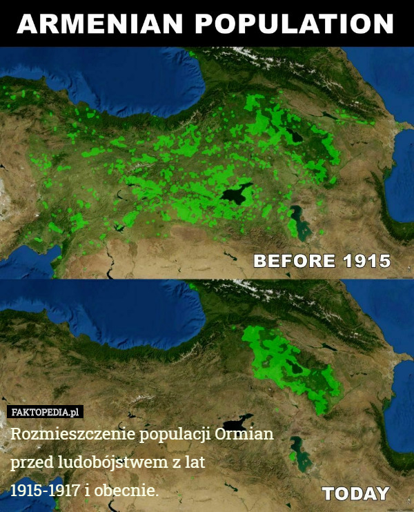 Rozmieszczenie populacji Ormian
 przed ludobójstwem z lat
 1915-1917 i obecnie. 