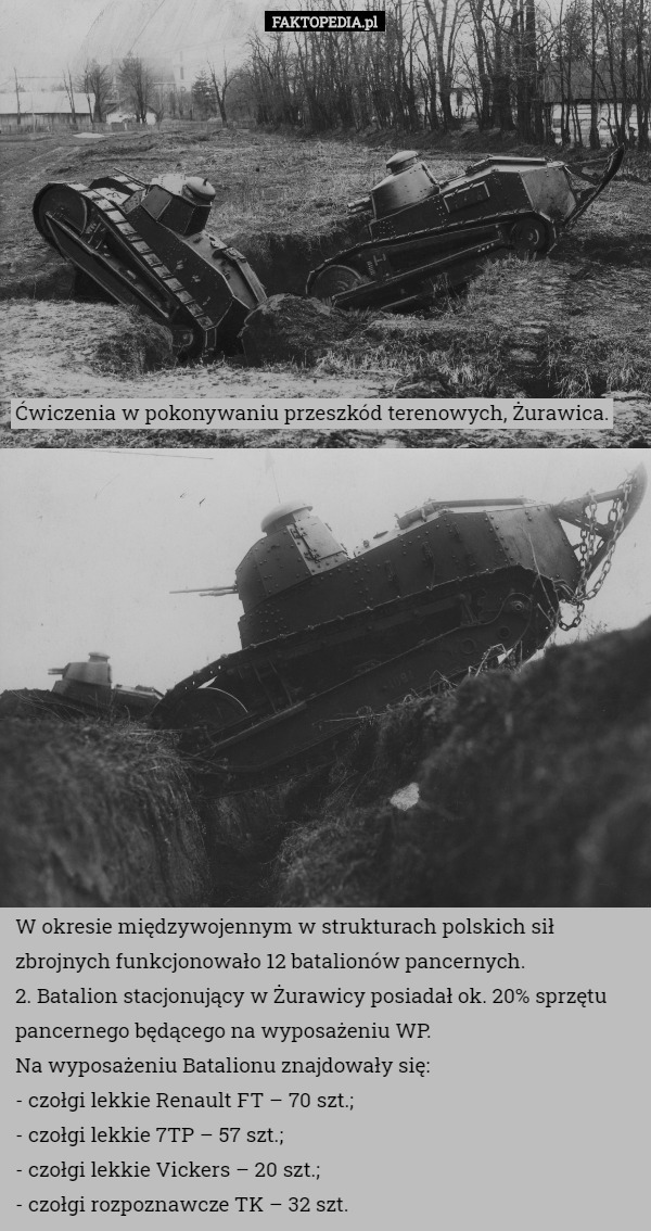 Ćwiczenia w pokonywaniu przeszkód terenowych, Żurawica. W okresie międzywojennym w strukturach polskich sił zbrojnych funkcjonowało 12 batalionów pancernych.
 2. Batalion stacjonujący w Żurawicy posiadał ok. 20% sprzętu pancernego będącego na wyposażeniu WP.
Na wyposażeniu Batalionu znajdowały się:
- czołgi lekkie Renault FT – 70 szt.;
- czołgi lekkie 7TP – 57 szt.;
- czołgi lekkie Vickers – 20 szt.;
- czołgi rozpoznawcze TK – 32 szt. 