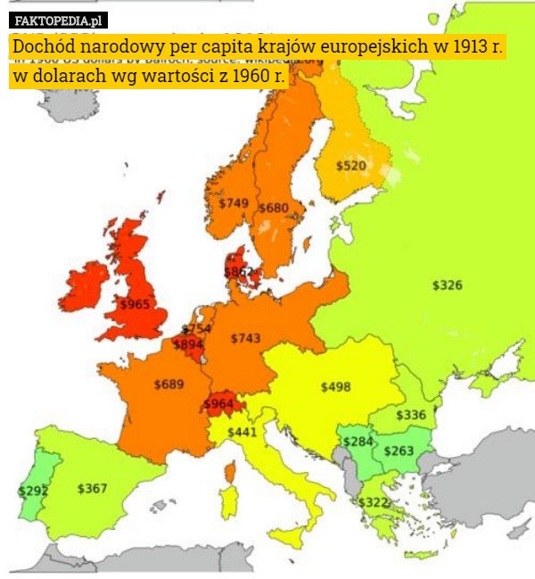 Dochód narodowy per capita krajów europejskich w 1913 r. w dolarach wg wartości z 1960 r. 