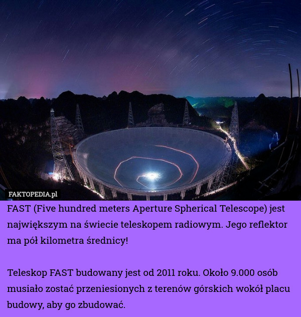 FAST (Five hundred meters Aperture Spherical Telescope) jest największym na świecie teleskopem radiowym. Jego reflektor ma pół kilometra średnicy! 
 
Teleskop FAST budowany jest od 2011 roku. Około 9.000 osób musiało zostać przeniesionych z terenów górskich wokół placu budowy, aby go zbudować. 