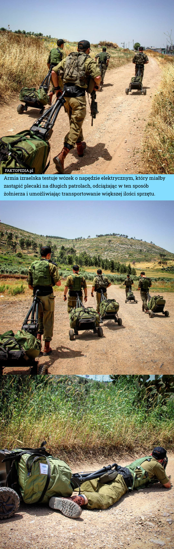 Armia izraelska testuje wózek o napędzie elektrycznym, który miałby zastąpić plecaki na długich patrolach, odciążając w ten sposób żołnierza i umożliwiając transportowanie większej ilości sprzętu. 