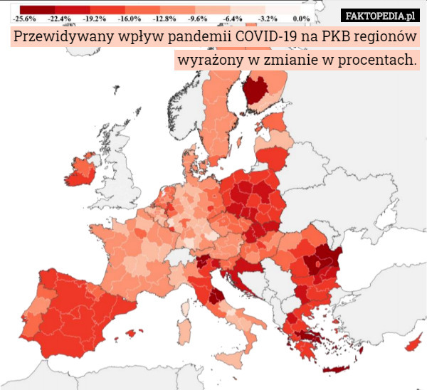 Przewidywany wpływ pandemii COVID-19 na PKB regionów wyrażony w zmianie w procentach. 