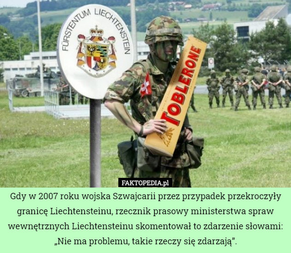 Gdy w 2007 roku wojska Szwajcarii przez przypadek przekroczyły granicę Liechtensteinu, rzecznik prasowy ministerstwa spraw wewnętrznych Liechtensteinu skomentował to zdarzenie słowami: „Nie ma problemu, takie rzeczy się zdarzają”. 