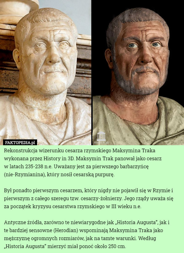 Rekonstrukcja wizerunku cesarza rzymskiego Maksymina Traka wykonana przez History in 3D. Maksymin Trak panował jako cesarz
 w latach 235-238 n.e. Uważany jest za pierwszego barbarzyńcę (nie-Rzymianina), który nosił cesarską purpurę.

Był ponadto pierwszym cesarzem, który nigdy nie pojawił się w Rzymie i pierwszym z całego szeregu tzw. cesarzy-żołnierzy. Jego rządy uważa się
 za początek kryzysu cesarstwa rzymskiego w III wieku n.e.

Antyczne źródła, zarówno te niewiarygodne jak „Historia Augusta”, jak i
 te bardziej sensowne (Herodian) wspominają Maksymina Traka jako mężczyznę ogromnych rozmiarów, jak na tamte warunki. Według
 „Historia Augusta” mierzyć miał ponoć około 250 cm. 