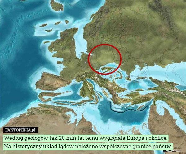 Według geologów tak 20 mln lat temu wyglądała Europa i okolice.
 Na historyczny układ lądów nałożono współczesne granice państw. 