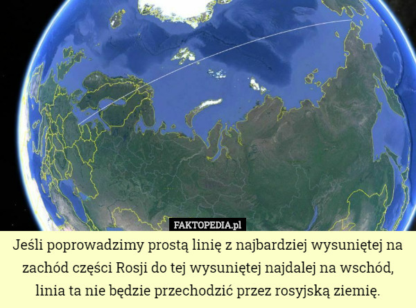Jeśli poprowadzimy prostą linię z najbardziej wysuniętej na zachód części Rosji do tej wysuniętej najdalej na wschód, linia ta nie będzie przechodzić przez rosyjską ziemię. 