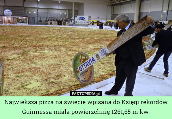 Największa pizza na świecie wpisana do Księgi rekordów Guinnessa miała powierzchnię 1261,65 m kw. 