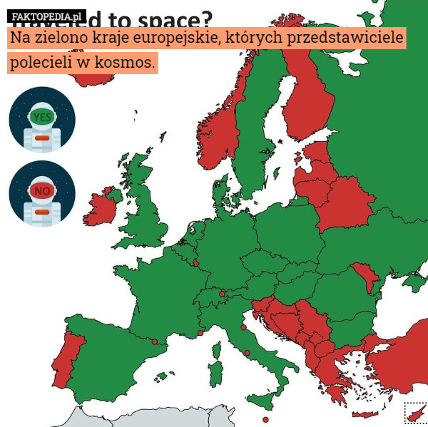 Na zielono kraje europejskie, których przedstawiciele polecieli w kosmos. 