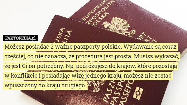 Możesz posiadać 2 ważne paszporty polskie. Wydawane są coraz częściej, co nie oznacza, że procedura jest prosta. Musisz wykazać, że jest Ci on potrzebny. Np. podróżujesz do krajów, które pozostają w konflikcie i posiadając wizę jednego kraju, możesz nie zostać wpuszczony do kraju drugiego. 