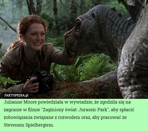 Julianne Moore powiedziała w wywiadzie, że zgodziła się na zagranie w filmie "Zaginiony świat: Jurassic Park", aby spłacić zobowiązania związane z rozwodem oraz, aby pracować ze Stevenem Spielbergiem. 