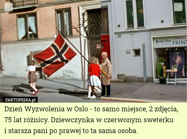 Dzień Wyzwolenia w Oslo - to samo miejsce, 2 zdjęcia, 75 lat różnicy. Dziewczynka w czerwonym sweterku
 i starsza pani po prawej to ta sama osoba. 