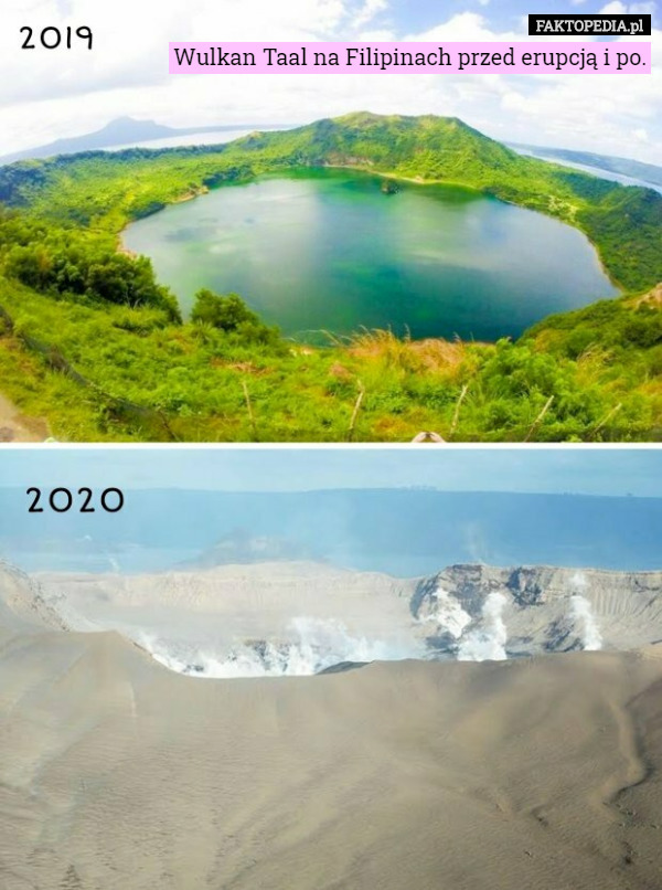Wulkan Taal na Filipinach przed erupcją i po. 