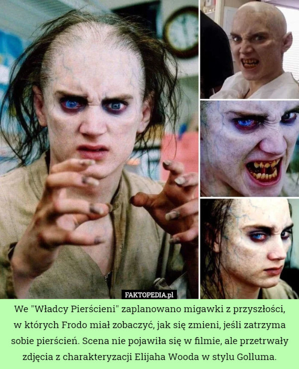 We "Władcy Pierścieni" zaplanowano migawki z przyszłości,
 w których Frodo miał zobaczyć, jak się zmieni, jeśli zatrzyma sobie pierścień. Scena nie pojawiła się w filmie, ale przetrwały zdjęcia z charakteryzacji Elijaha Wooda w stylu Golluma. 
