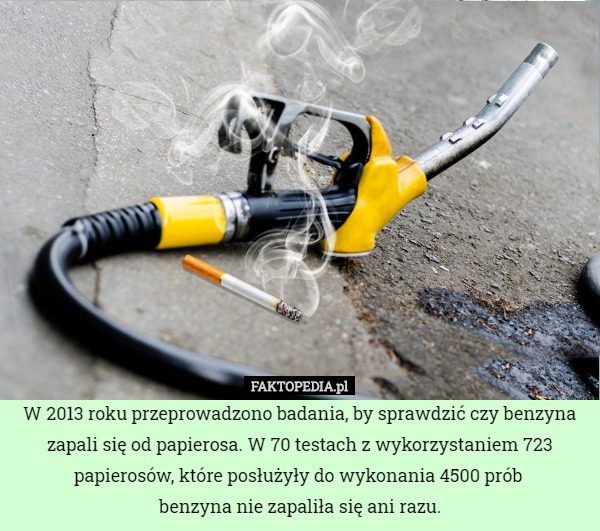 W 2013 roku przeprowadzono badania, by sprawdzić czy benzyna zapali się od papierosa. W 70 testach z wykorzystaniem 723 papierosów, które posłużyły do wykonania 4500 prób 
benzyna nie zapaliła się ani razu. 