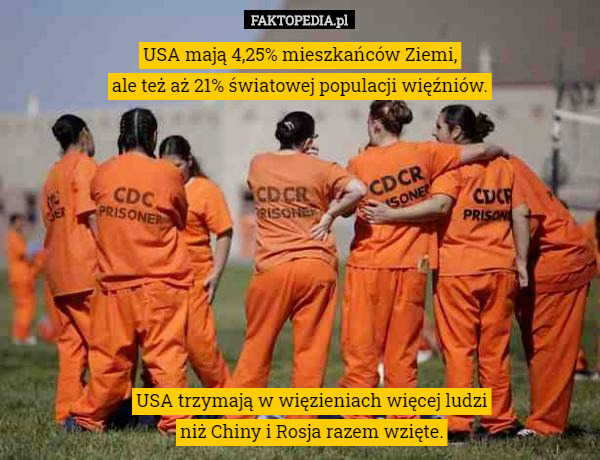 USA mają 4,25% mieszkańców Ziemi,
 ale też aż 21% światowej populacji więźniów. USA trzymają w więzieniach więcej ludzi
 niż Chiny i Rosja razem wzięte. 