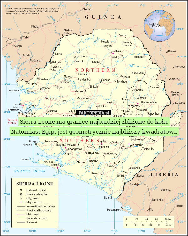 Sierra Leone ma granice najbardziej zbliżone do koła.
Natomiast Egipt jest geometrycznie najbliższy kwadratowi. 