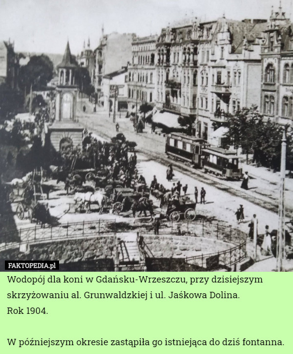 Wodopój dla koni w Gdańsku-Wrzeszczu, przy dzisiejszym skrzyżowaniu al. Grunwaldzkiej i ul. Jaśkowa Dolina.
Rok 1904.

W późniejszym okresie zastąpiła go istniejąca do dziś fontanna. 