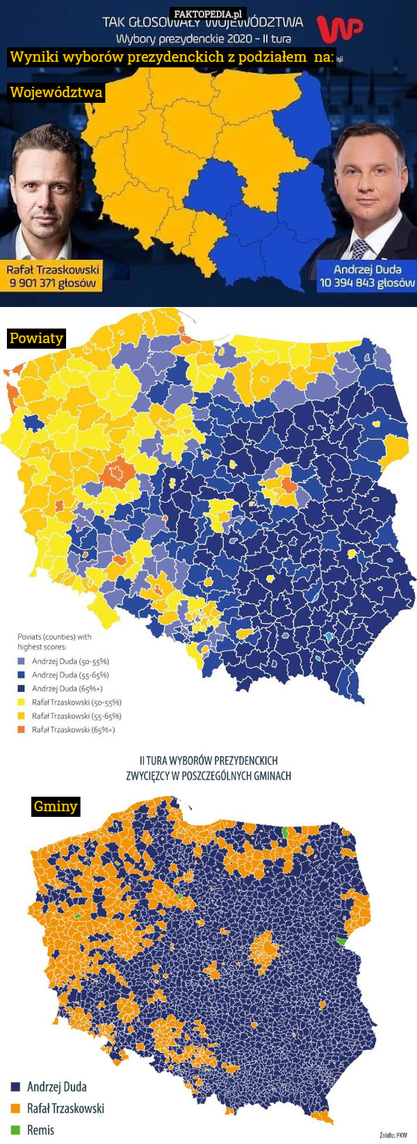 Wyniki wyborów prezydenckich z podziałem  na: Województwa Powiaty Gminy 