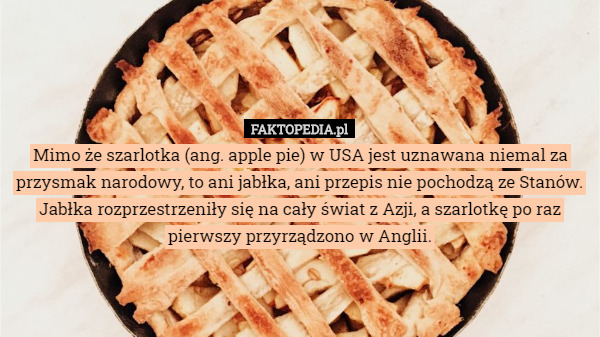 Mimo że szarlotka (ang. apple pie) w USA jest uznawana niemal za przysmak narodowy, to ani jabłka, ani przepis nie pochodzą ze Stanów. Jabłka rozprzestrzeniły się na cały świat z Azji, a szarlotkę po raz pierwszy przyrządzono w Anglii. 