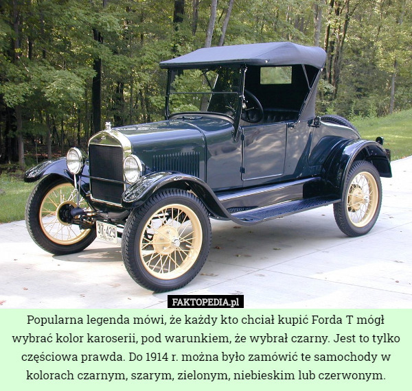Popularna legenda mówi, że każdy kto chciał kupić Forda T mógł wybrać kolor karoserii, pod warunkiem, że wybrał czarny. Jest to tylko częściowa prawda. Do 1914 r. można było zamówić te samochody w kolorach czarnym, szarym, zielonym, niebieskim lub czerwonym. 