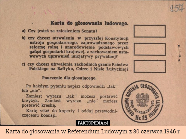Karta do głosowania w Referendum Ludowym z 30 czerwca 1946 r. 