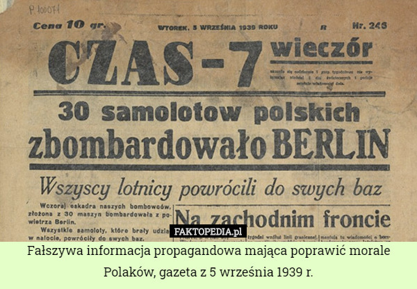 Fałszywa informacja propagandowa mająca poprawić morale Polaków, gazeta z 5 września 1939 r. 