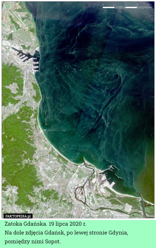Zatoka Gdańska. 19 lipca 2020 r.
Na dole zdjęcia Gdańsk, po lewej stronie Gdynia, pomiędzy nimi Sopot. 