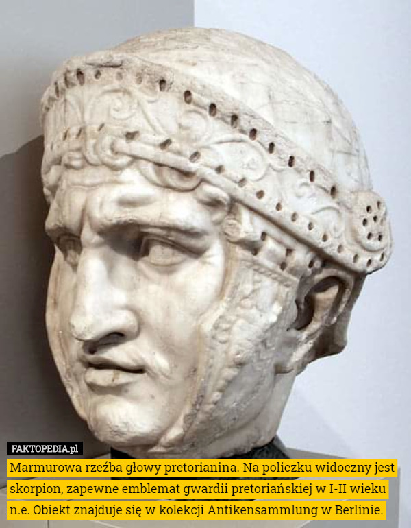Marmurowa rzeźba głowy pretorianina. Na policzku widoczny jest skorpion, zapewne emblemat gwardii pretoriańskiej w I-II wieku n.e. Obiekt znajduje się w kolekcji Antikensammlung w Berlinie. 
