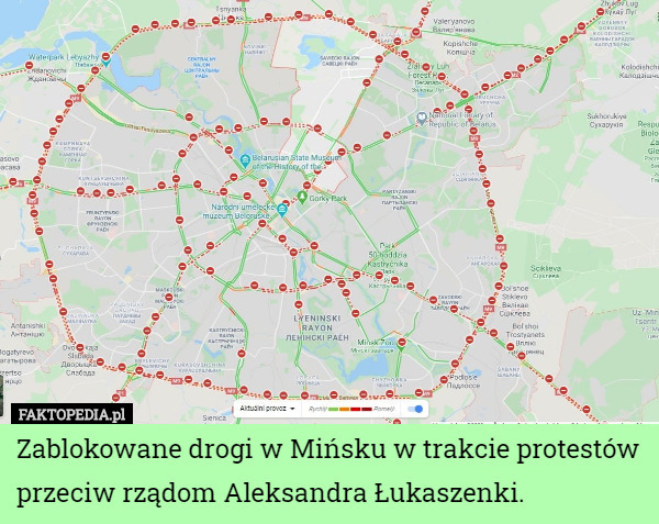 Zablokowane drogi w Mińsku w trakcie protestów przeciw rządom Aleksandra Łukaszenki. 