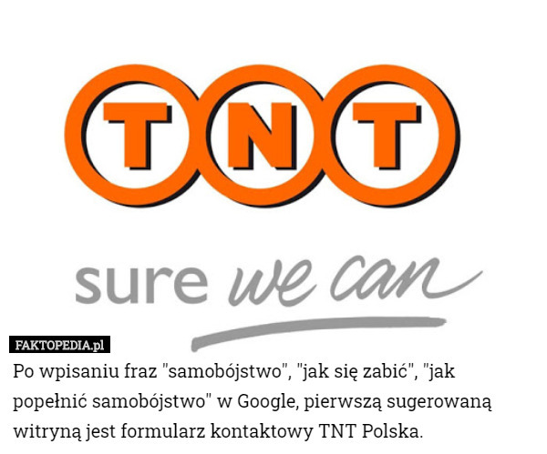 Po wpisaniu fraz "samobójstwo", "jak się zabić", "jak popełnić samobójstwo" w Google, pierwszą sugerowaną witryną jest formularz kontaktowy TNT Polska. 