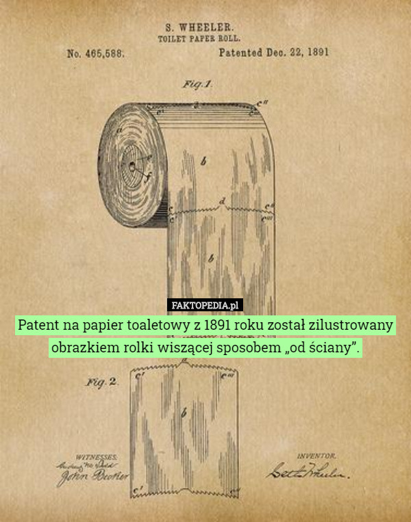 Patent na papier toaletowy z 1891 roku został zilustrowany obrazkiem rolki wiszącej sposobem „od ściany”. 