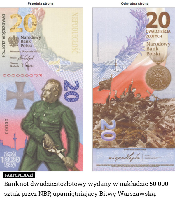 Banknot dwudziestozłotowy wydany w nakładzie 50 000 sztuk przez NBP, upamiętniający Bitwę Warszawską. 
