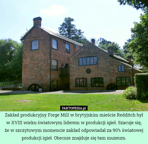 Zakład produkcyjny Forge Mill w brytyjskim mieście Redditch był w XVIII wieku światowym liderem w produkcji igieł. Szacuje się,
że w szczytowym momencie zakład odpowiadał za 90% światowej produkcji igieł. Obecnie znajduje się tam muzeum. 