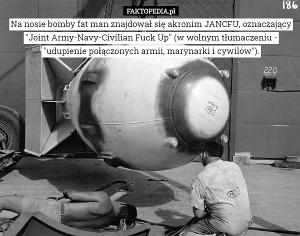 Na nosie bomby fat man znajdował się akronim JANCFU, oznaczający "Joint Army-Navy-Civilian Fuck Up" (w wolnym tłumaczeniu - "udupienie połączonych armii, marynarki i cywilów"). 