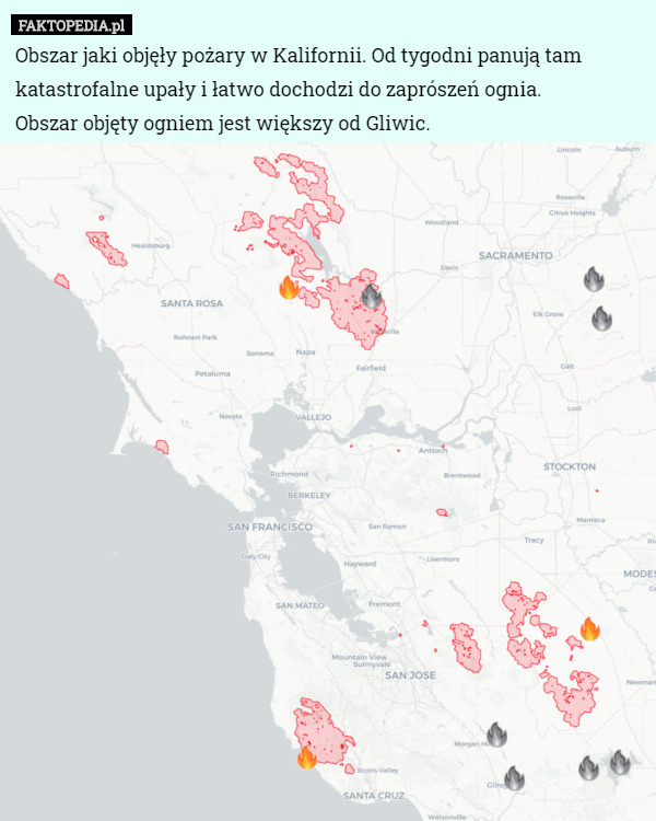 Obszar jaki objęły pożary w Kalifornii. Od tygodni panują tam katastrofalne upały i łatwo dochodzi do zaprószeń ognia.
Obszar objęty ogniem jest większy od Gliwic. 