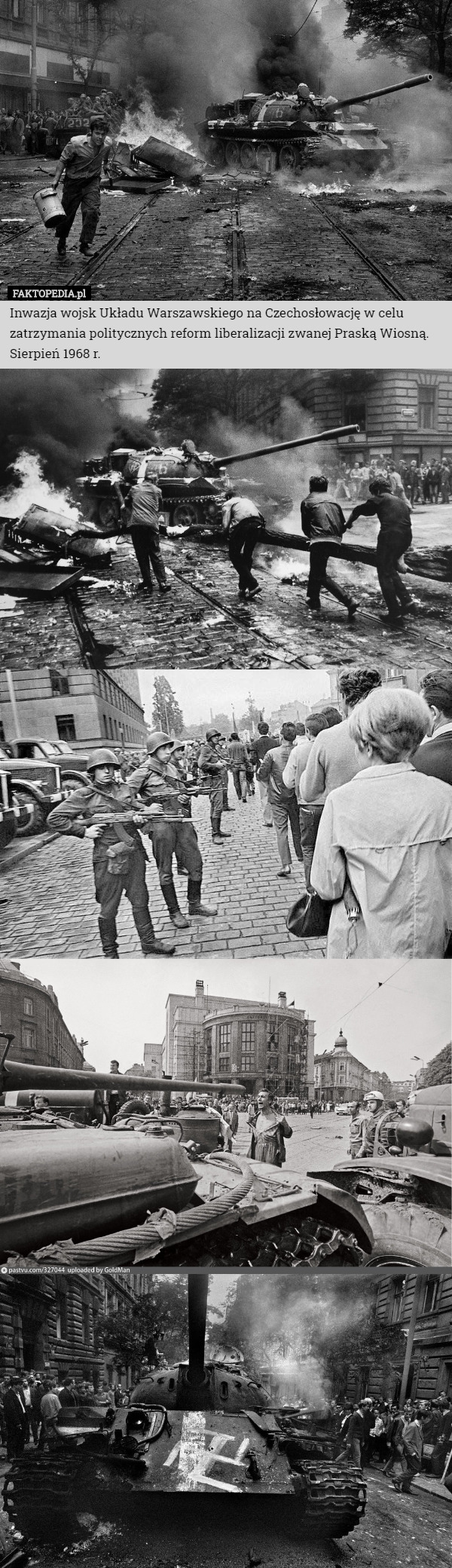 Inwazja wojsk Układu Warszawskiego na Czechosłowację w celu zatrzymania politycznych reform liberalizacji zwanej Praską Wiosną.
Sierpień 1968 r. 
