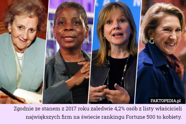 Zgodnie ze stanem z 2017 roku zaledwie 4,2% osób z listy właścicieli największych firm na świecie rankingu Fortune 500 to kobiety. 