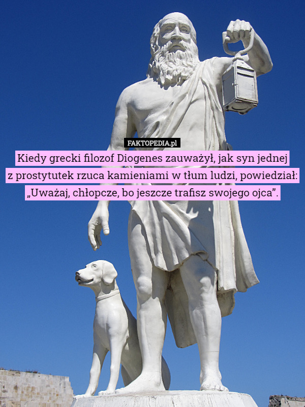 Kiedy grecki filozof Diogenes zauważył, jak syn jednej
 z prostytutek rzuca kamieniami w tłum ludzi, powiedział: „Uważaj, chłopcze, bo jeszcze trafisz swojego ojca”. 