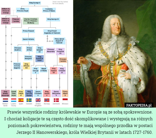 Prawie wszystkie rodziny królewskie w Europie są ze sobą spokrewnione.
 I chociaż koligacje te są często dość skomplikowane i występują na różnych poziomach pokrewieństwa, rodziny te mają wspólnego przodka w postaci Jerzego II Hanowerskiego, króla Wielkiej Brytanii w latach 1727-1760. 
