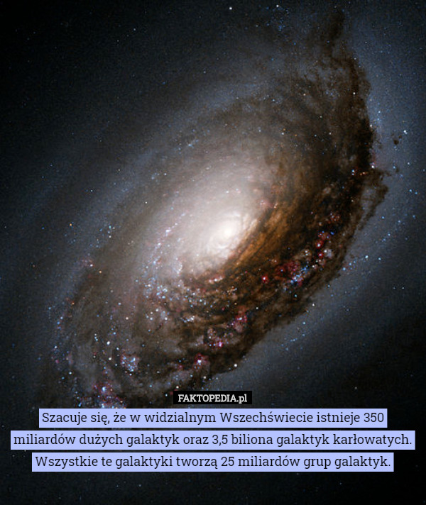 Szacuje się, że w widzialnym Wszechświecie istnieje 350 miliardów dużych galaktyk oraz 3,5 biliona galaktyk karłowatych.
Wszystkie te galaktyki tworzą 25 miliardów grup galaktyk. 